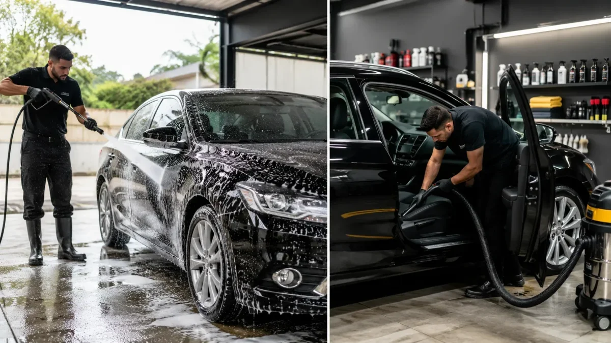 Comparação entre lavagem rápida externa e lavagem completa automotiva realizada por profissionais em veículo sedan preto.