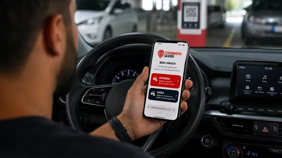 Cliente utilizando o sistema de autoatendimento por QR Code do Estacionamento Salvador através do celular.