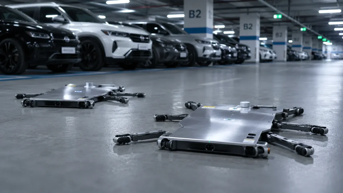 Dois robôs autônomos de estacionamento em primeiro plano dentro de um estacionamento coberto, com carros estacionados ao fundo, ilustrando a tecnologia de automação utilizada para movimentar veículos sem intervenção humana